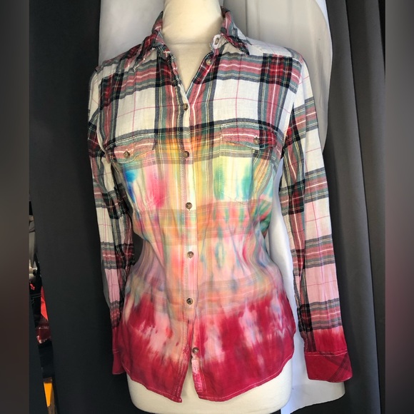 ❤️ L.O.G.G. By H&M dip-dyed tie-dyed plaid shirt 42 / 12 one of one - Picture 1 of 15